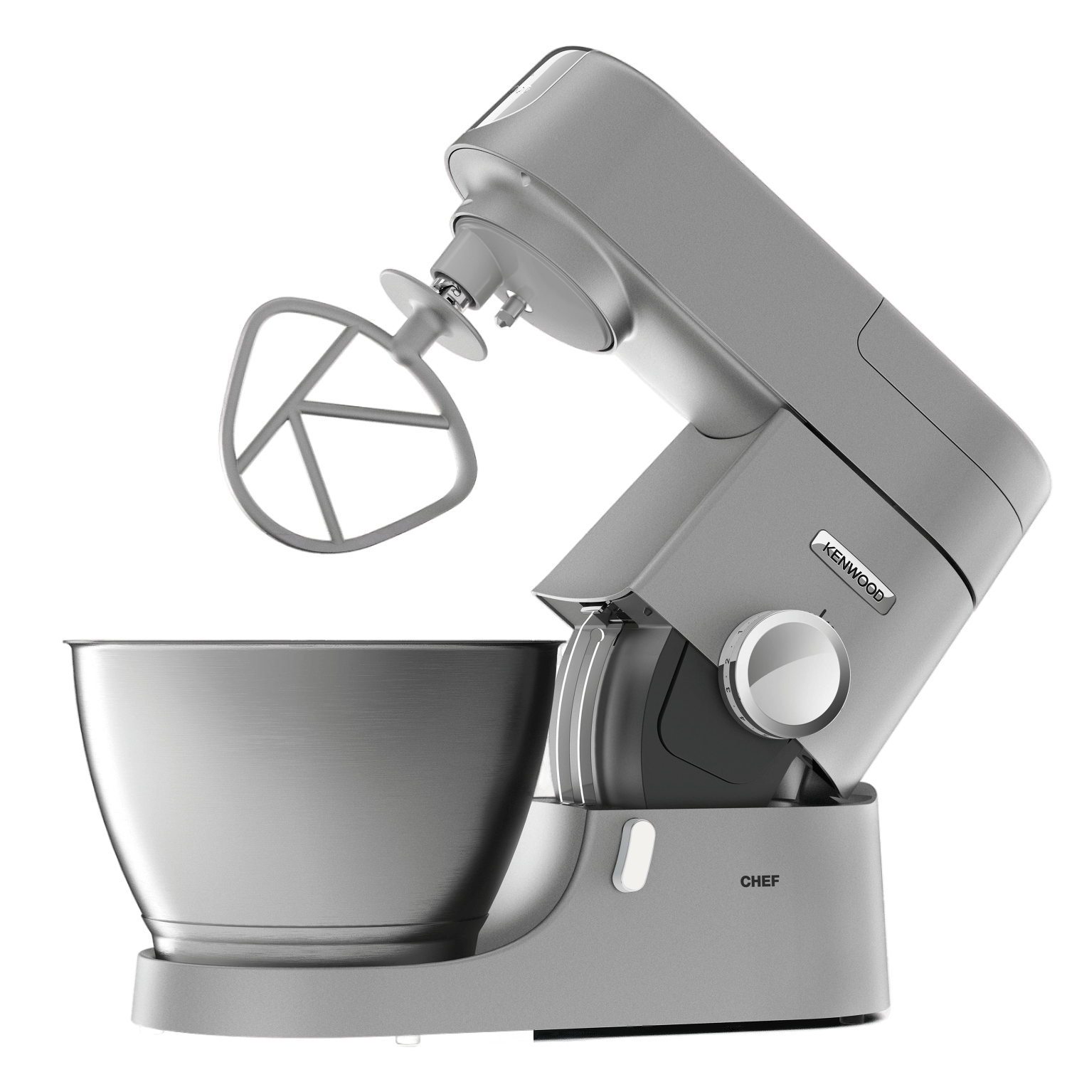 A gray Kenwood Chef stand mixer on a black background.