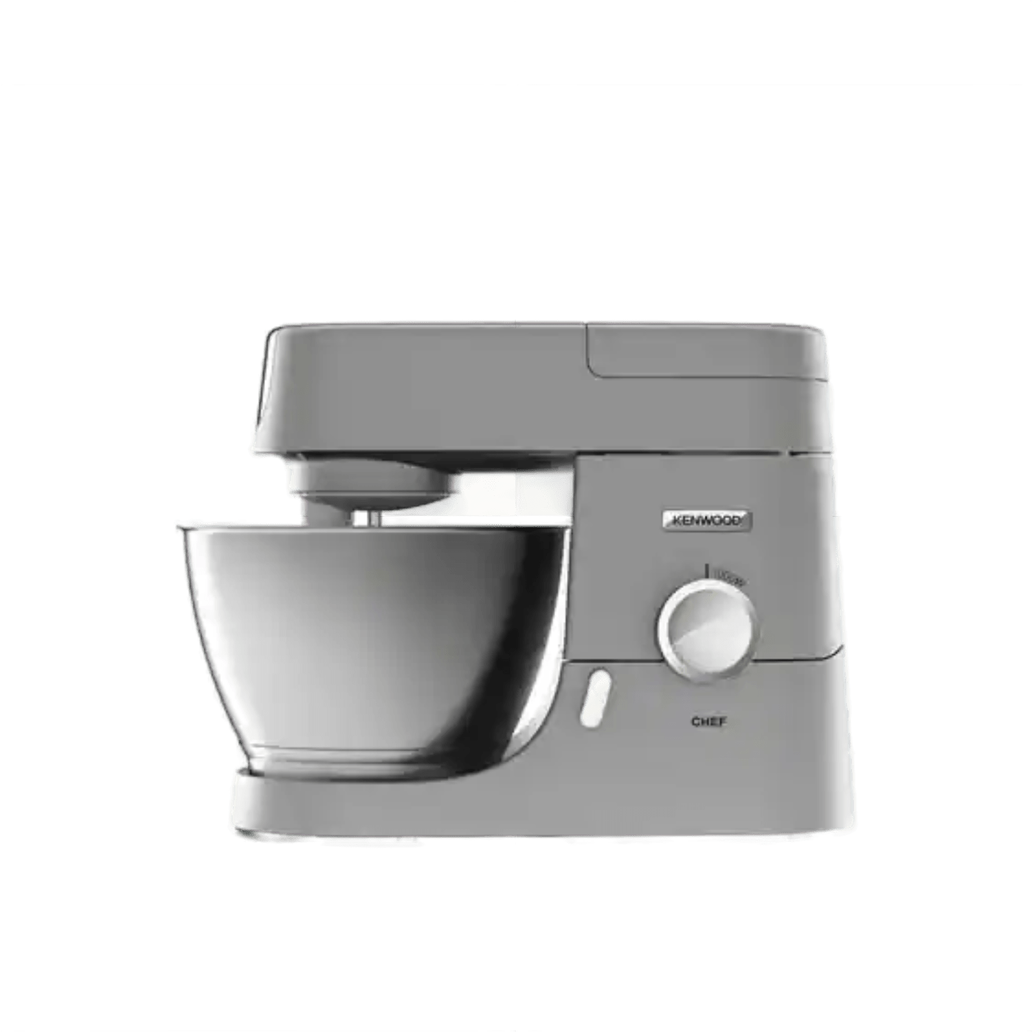 Kenwood Chef mixer, gray, side view, green background.