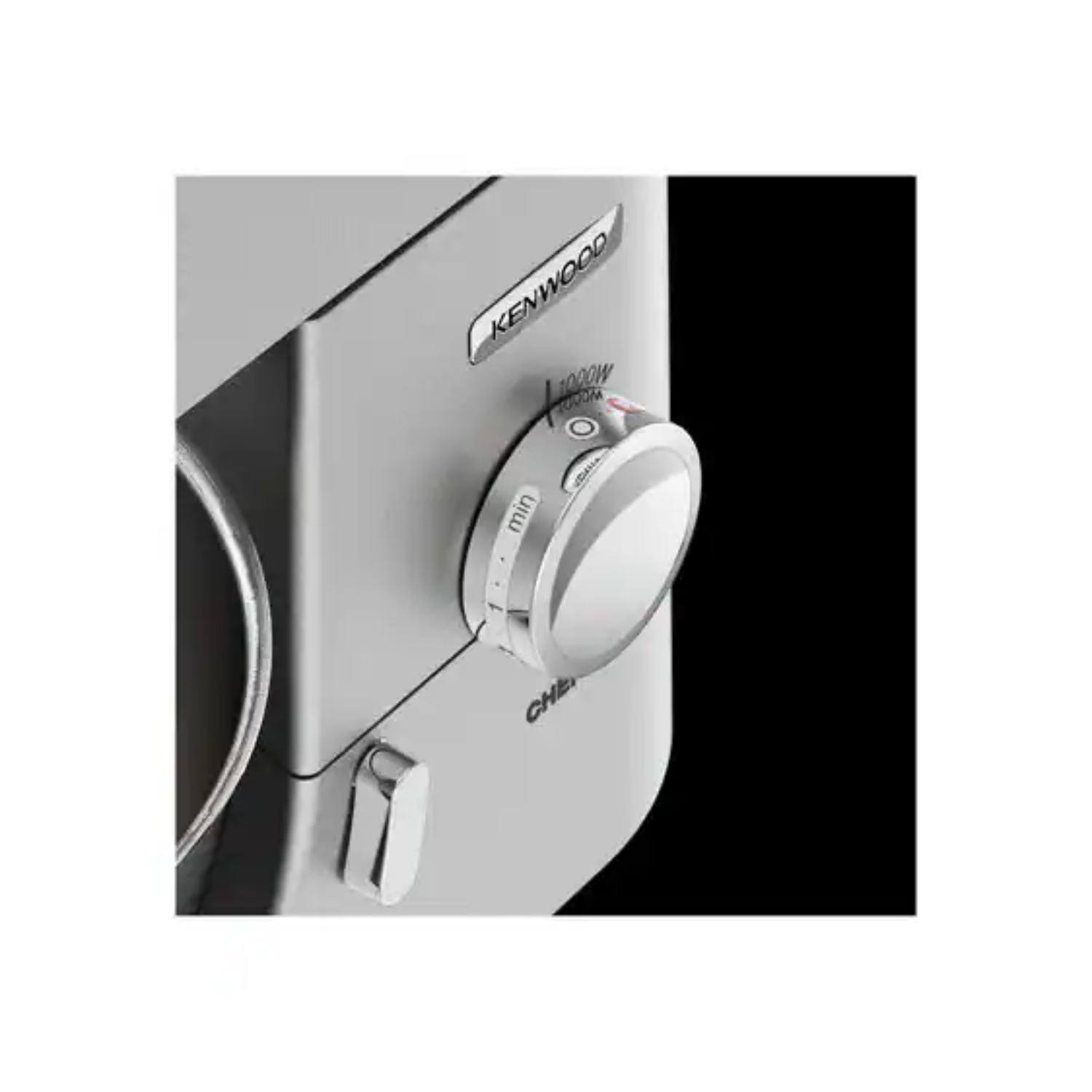 Close-up of a Kenwood food mixer control knob. Gray and white color scheme, black background.