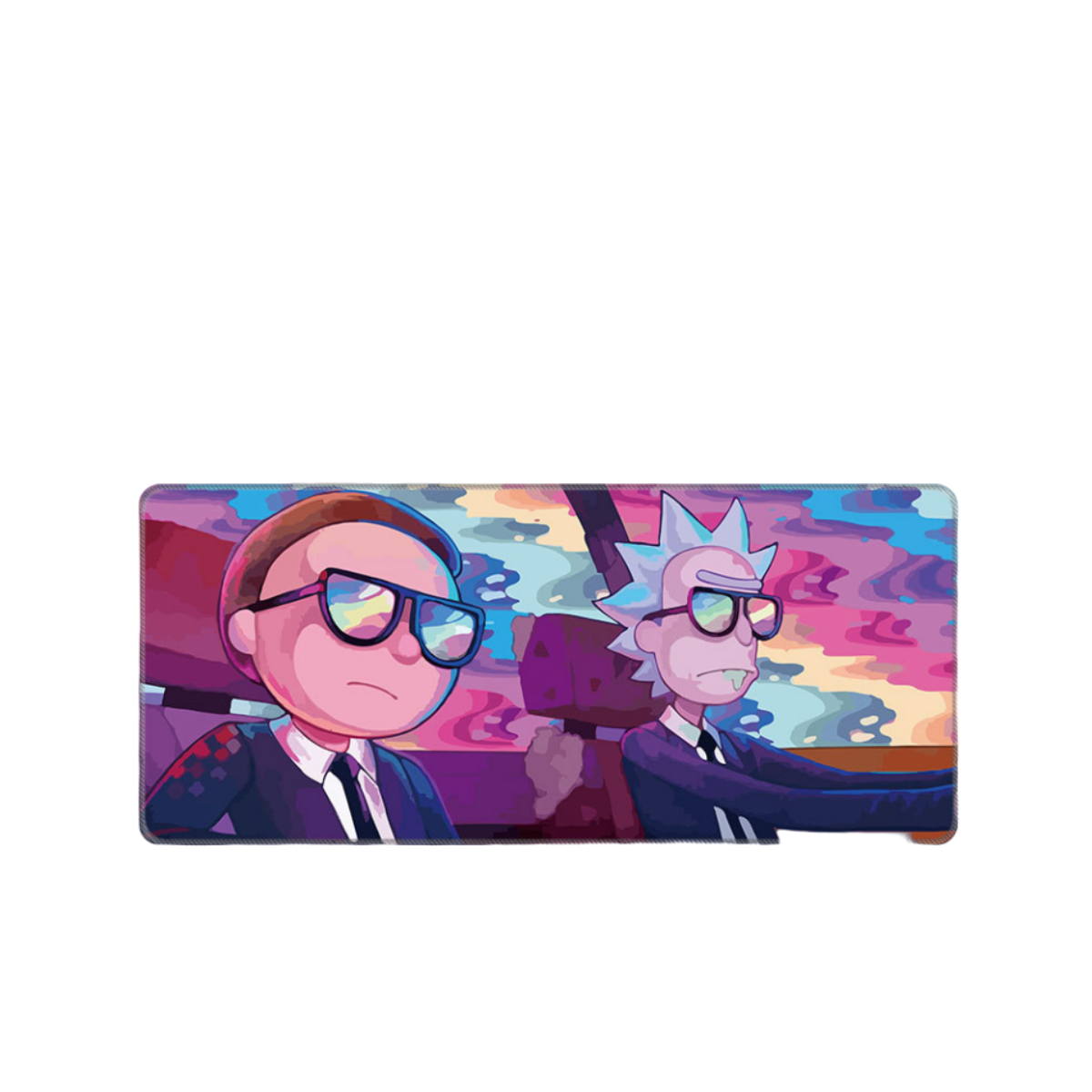 Rick und Morty Zeichentrickfiguren in einem Auto. Beide tragen Anzüge und Sonnenbrillen.