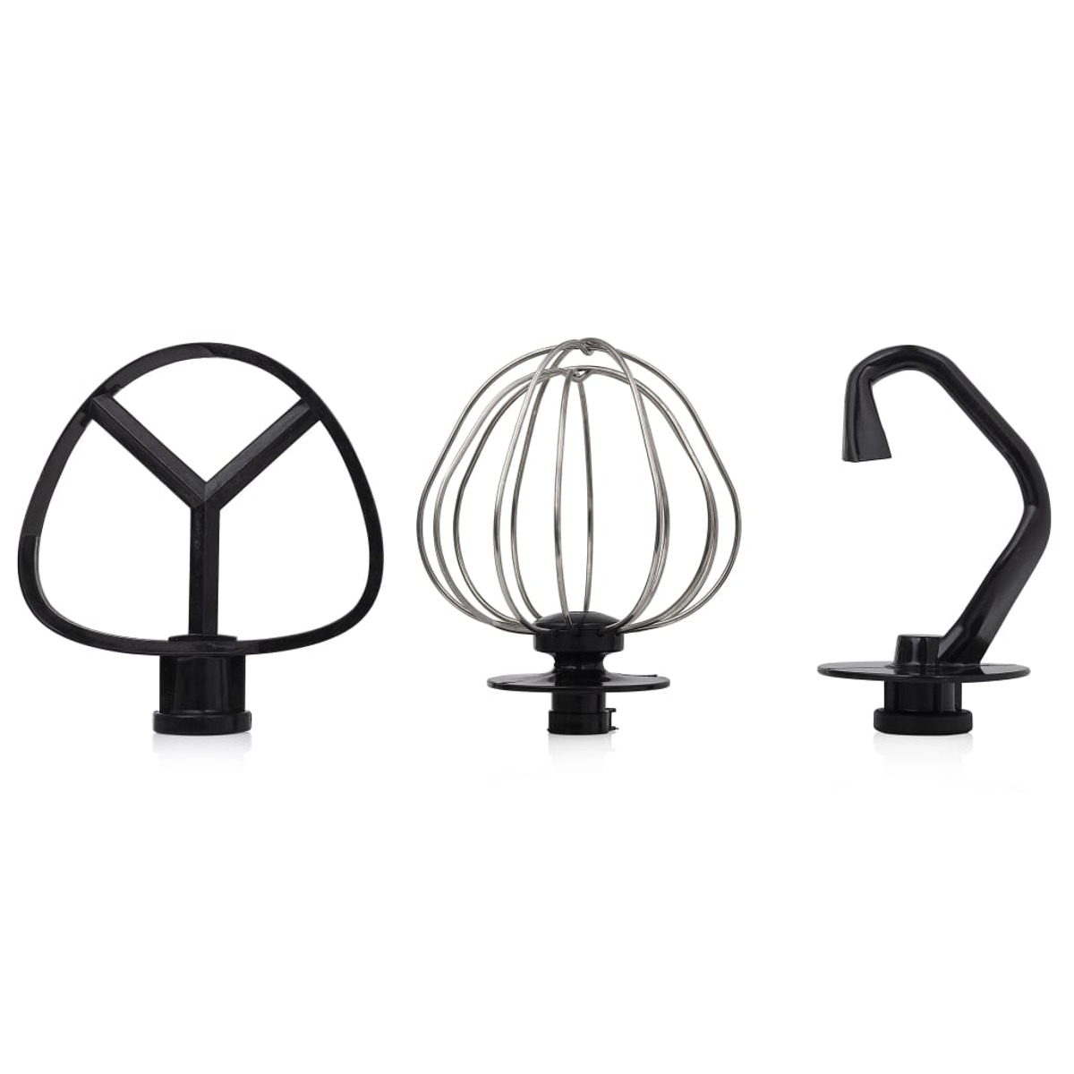 Tre accessori per mixer: una frusta piatta, una frusta a filo e un gancio impastatore. Tutti neri.