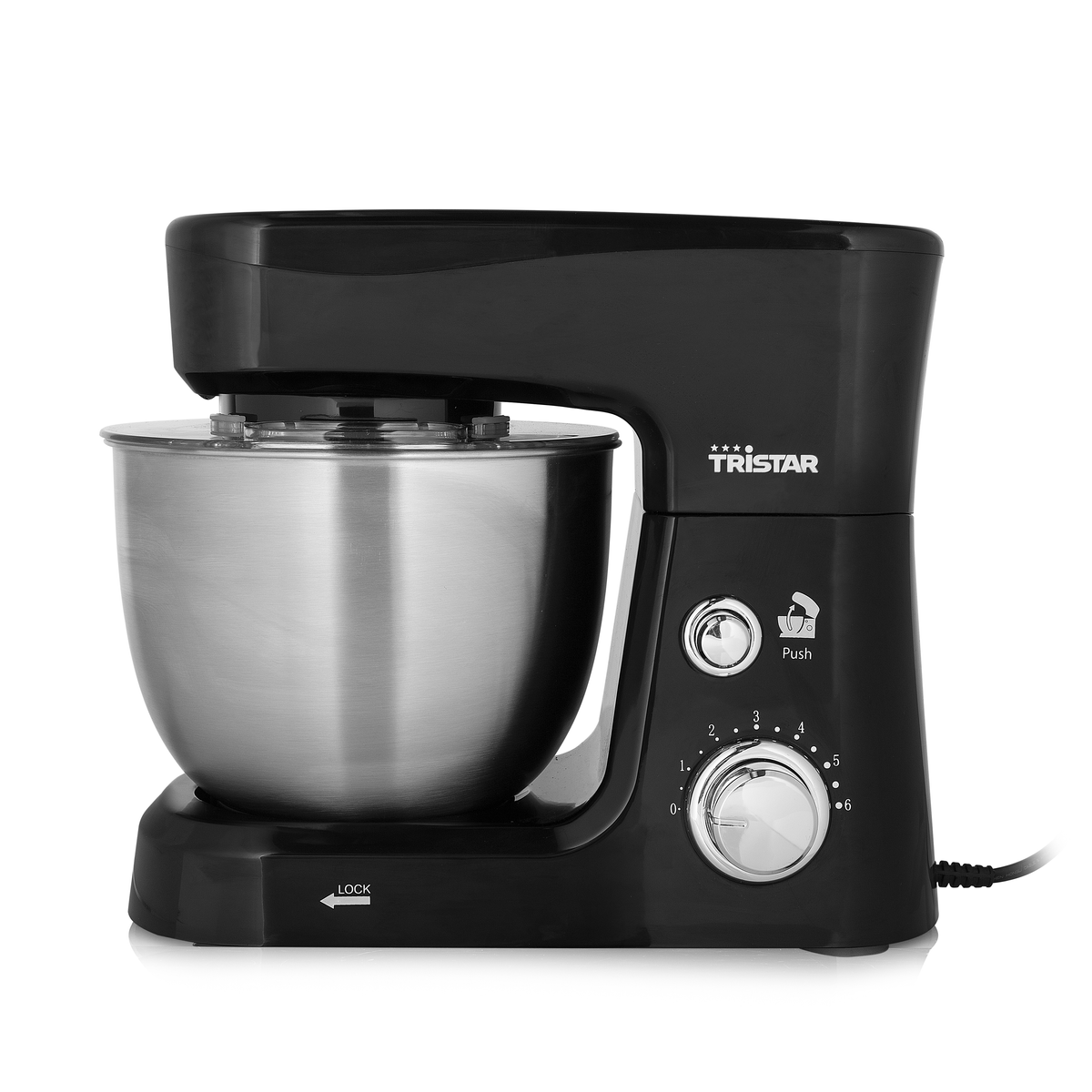 Mixer da cucina Tristar nero, ciotola in acciaio inox, quadrante. Sfondo bianco.