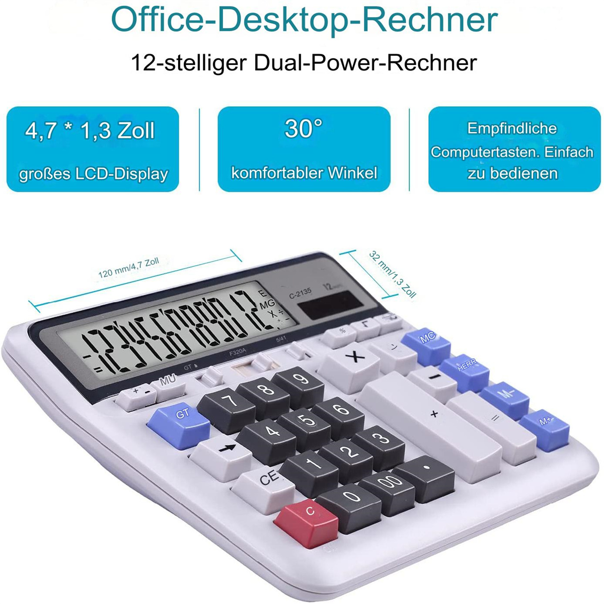 Weißer Taschenrechner mit großem Display und farbigen Tasten, einschließlich Zahlen und Operatoren.