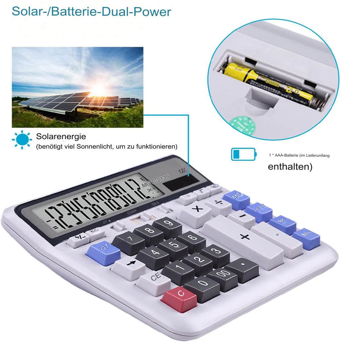 Weißer Rechner mit schwarzen und farbigen Tasten. Solarpanel- und Batteriedetail. Text auf Deutsch.