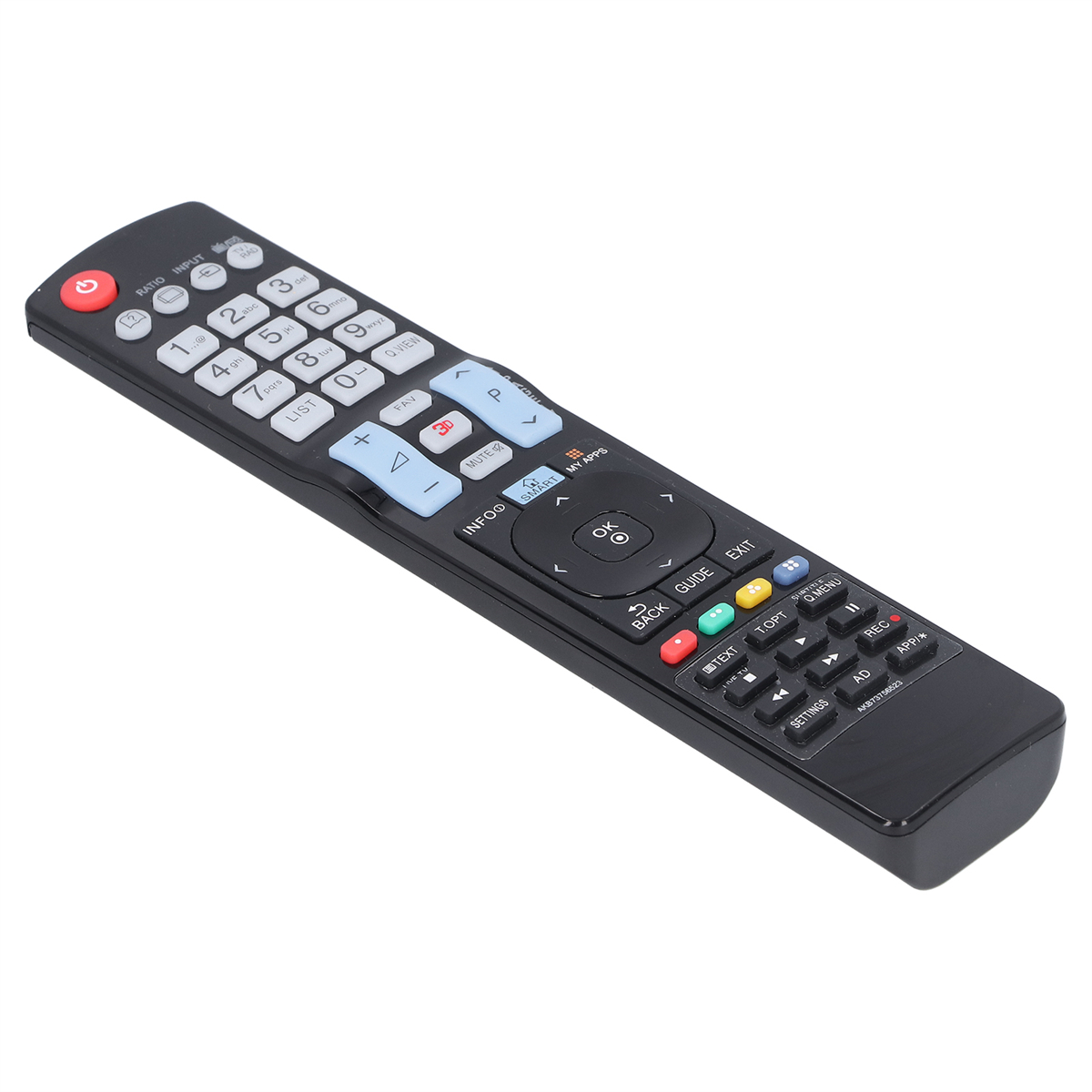Schwarze TV-Fernbedienung mit mehreren Tasten. Die Tasten sind weiß, blau, rot usw.