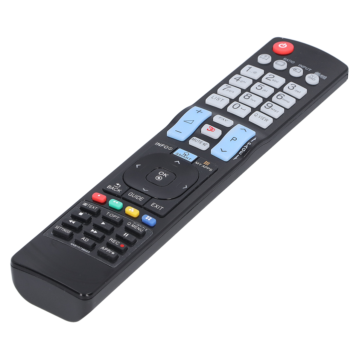 Schwarze LG-Fernbedienung mit vielen Tasten. Es ist eine Standard-Fernbedienung.