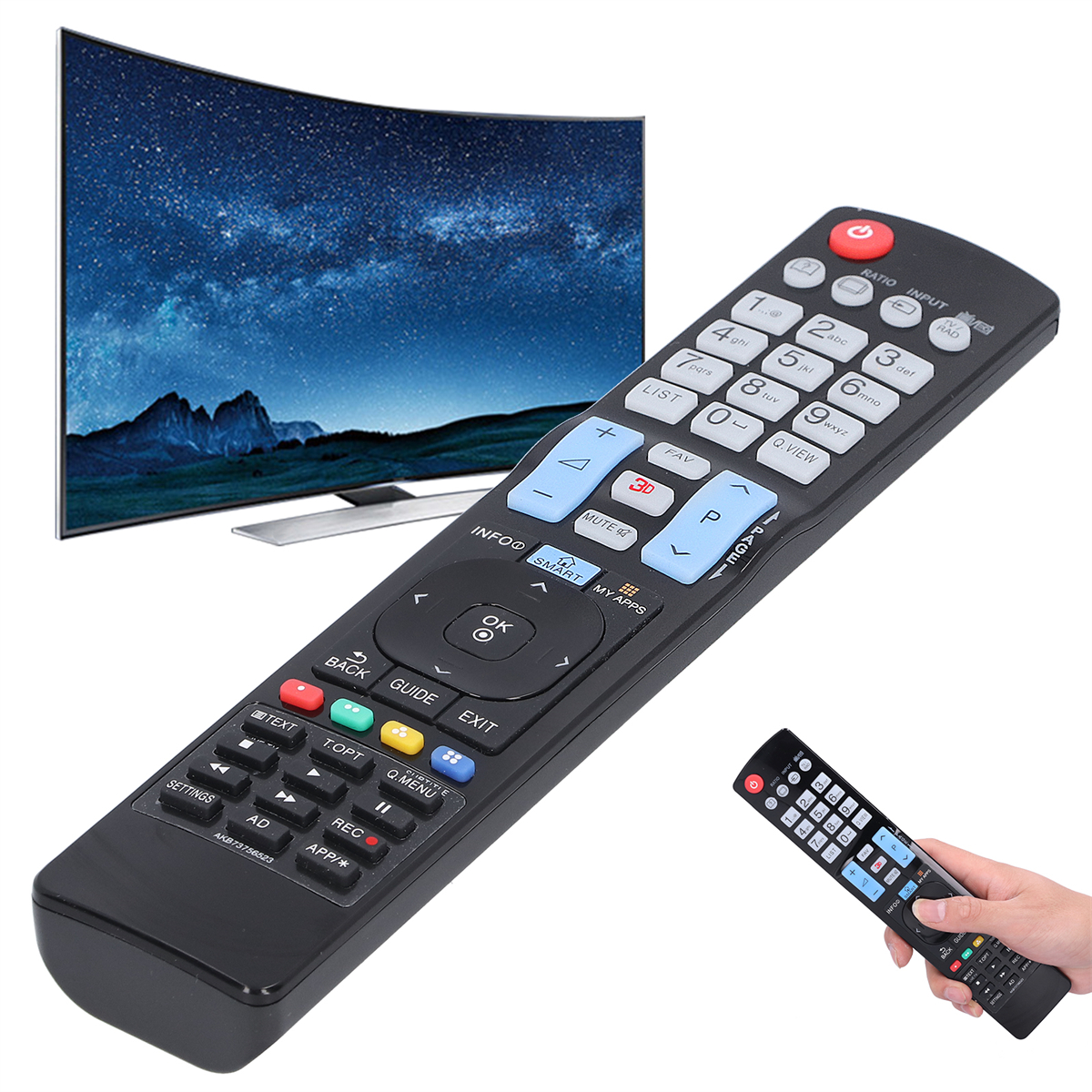 Schwarze TV-Fernbedienung mit vielen Knöpfen, neben einem gebogenen Bildschirm-TV und einer kleineren Fernbedienung.