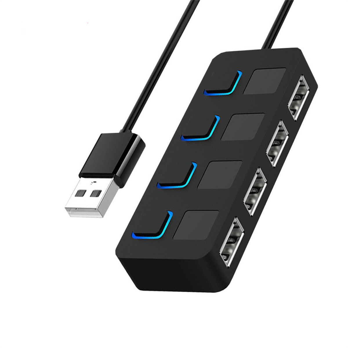 Ein schwarzer USB-Hub mit 4 USB-Anschlüssen. Er hat ein USB-Kabel mit einem USB-Stecker.