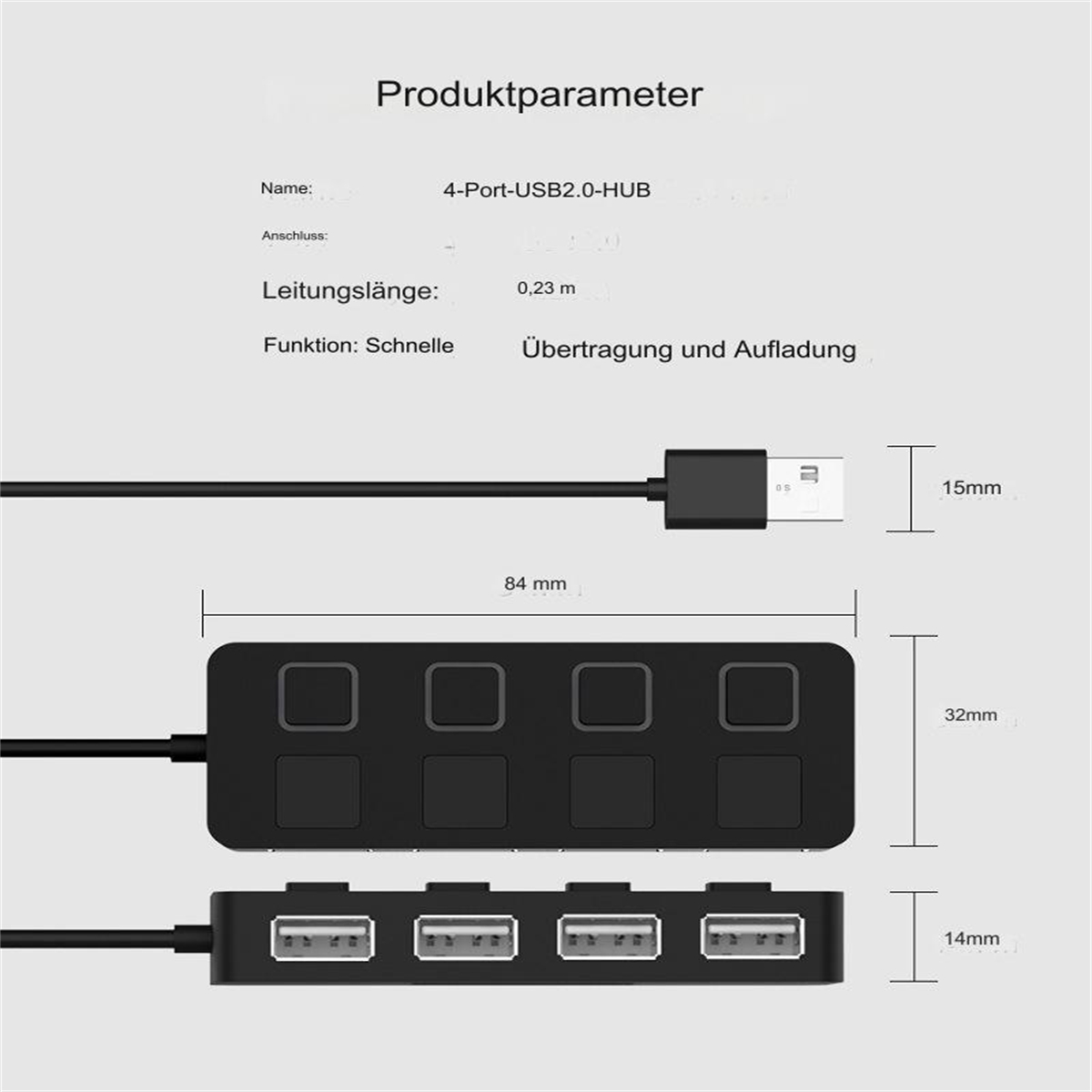 Ein schwarzer USB-Hub mit vier Anschlüssen, mit Maßen und Produktinformationen.