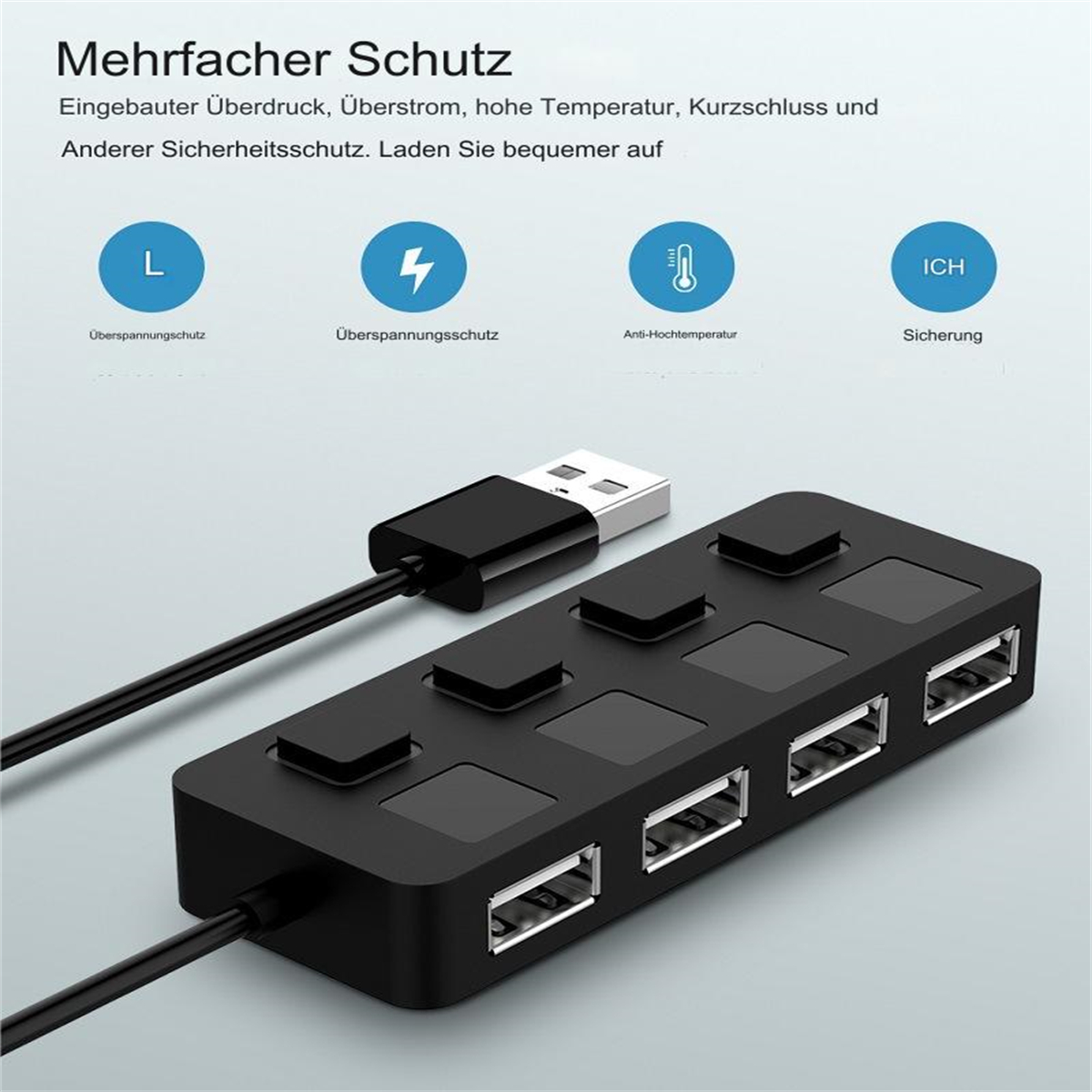 Ein schwarzer USB-Hub mit mehreren Anschlüssen. Es hat ein schwarzes Kabel und ist auf blauem Grund.