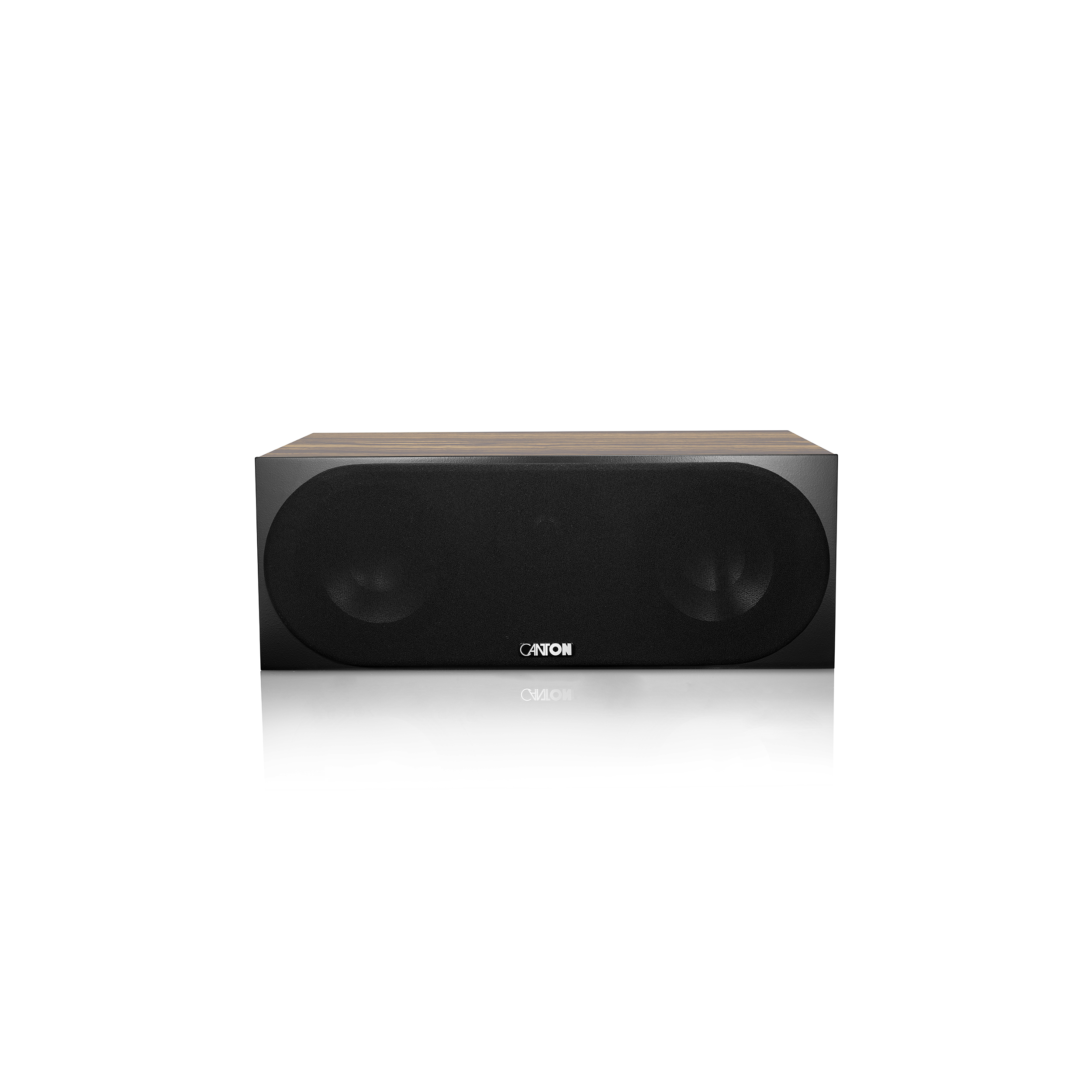 Schwarzer Soundbar-Lautsprecher mit Holzoberseite. Der Markenname CANTON ist sichtbar.