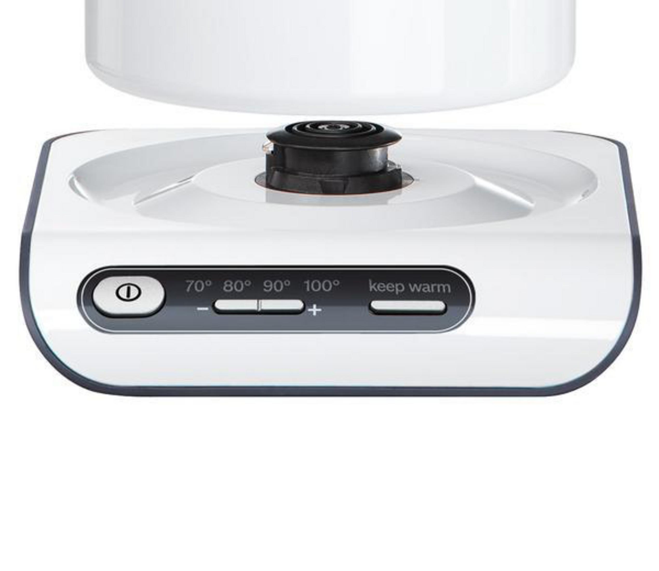 Biała podstawa czajnika elektrycznego z ustawieniami temperatury i czarną górą.