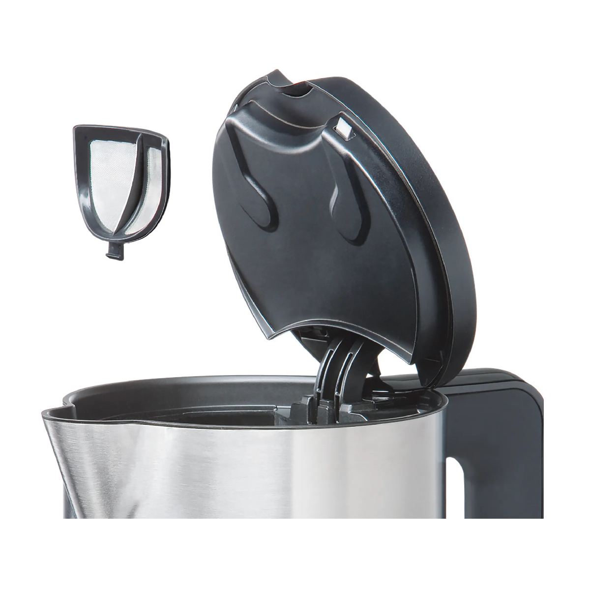 Czarny i srebrny czajnik z otwartą pokrywą i filtrem obok.