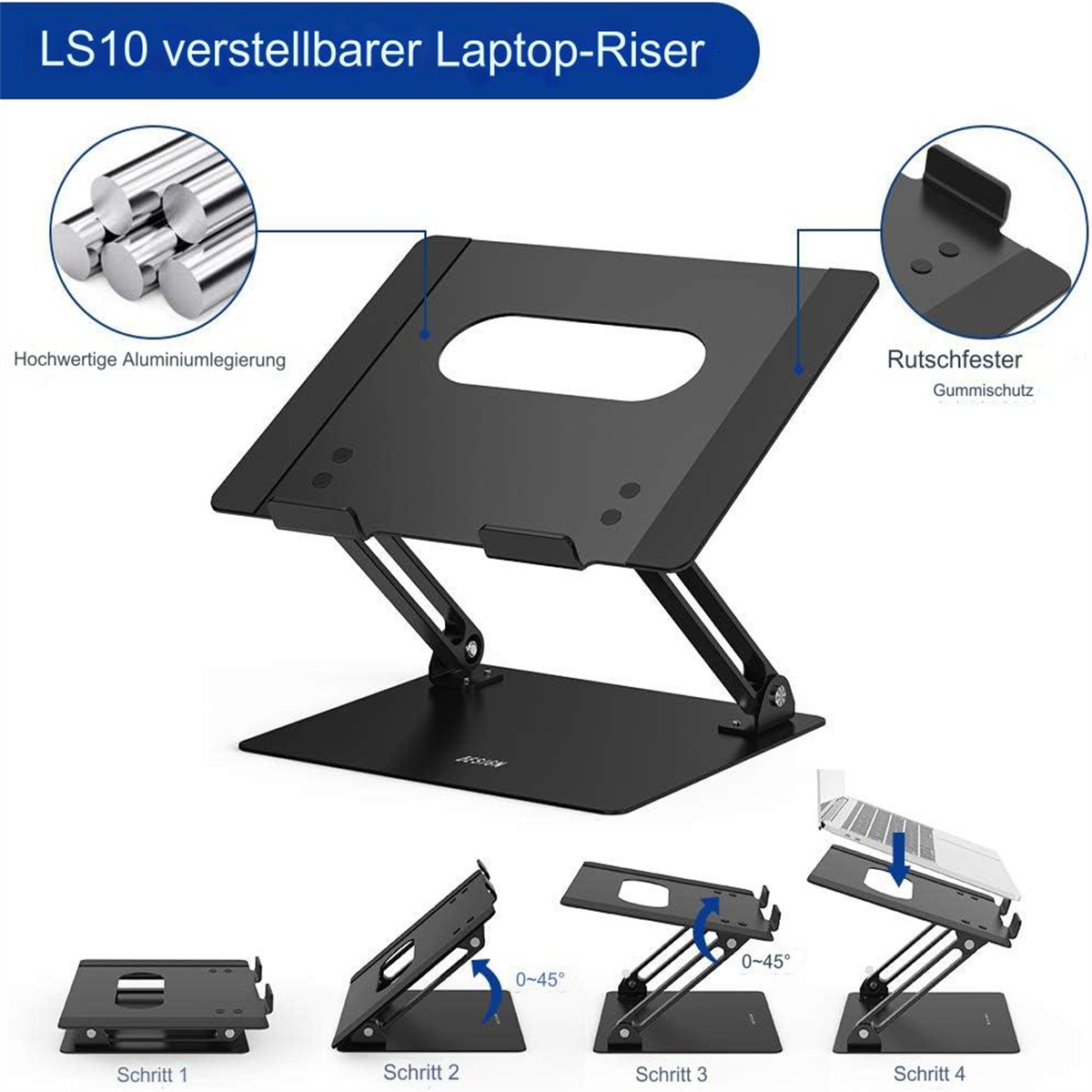 Schwarzer Laptopständer mit verschiedenen einstellbaren Positionen und einem Laptop.