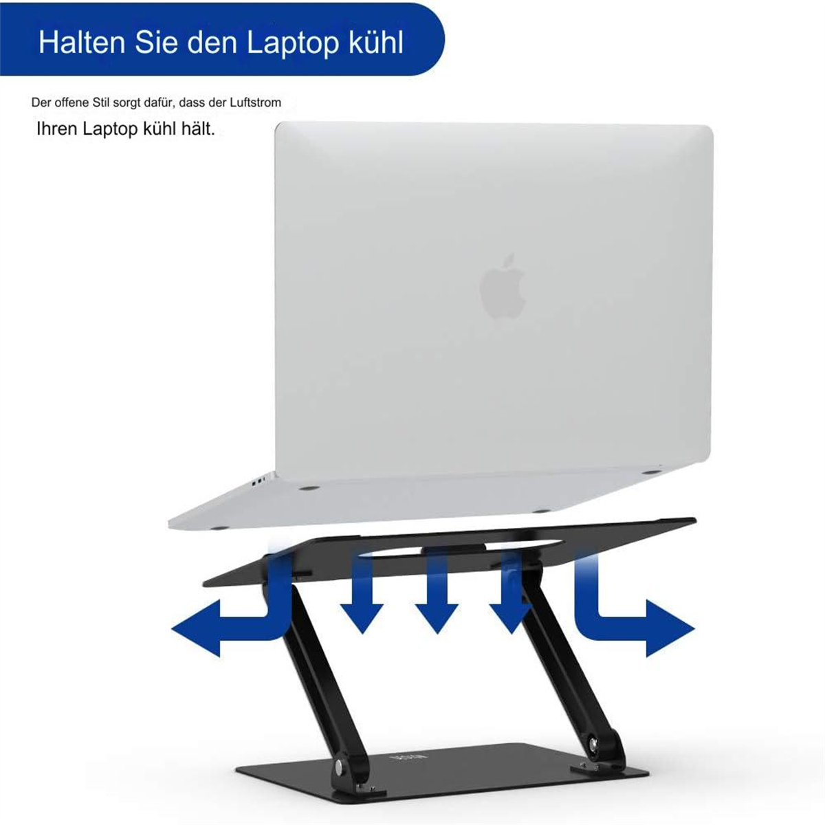 Weißer Laptop auf einem schwarzen Kühlständer mit Pfeilen, die den Luftstrom anzeigen.