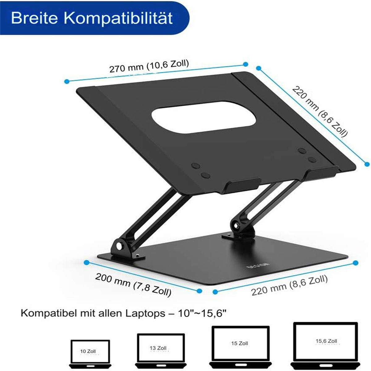 Schwarzer Laptopständer mit beschrifteten Abmessungen und Laptop-Größen.