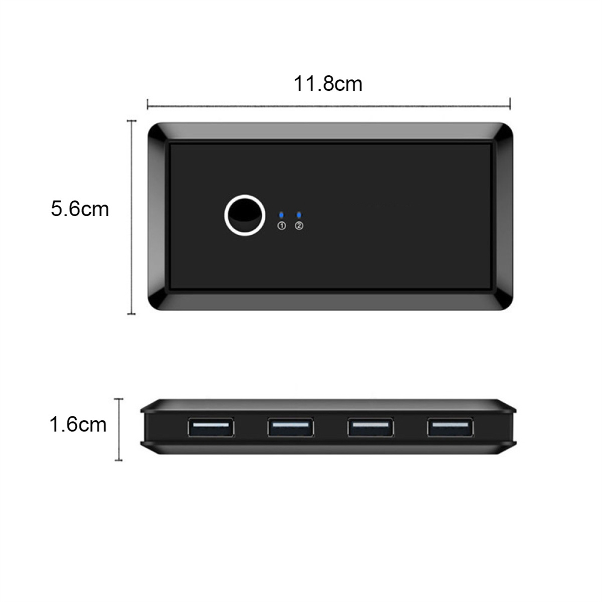 Ein schwarzer USB-Hub mit vier USB-Anschlüssen. Abmessungen in Zentimetern werden angezeigt.