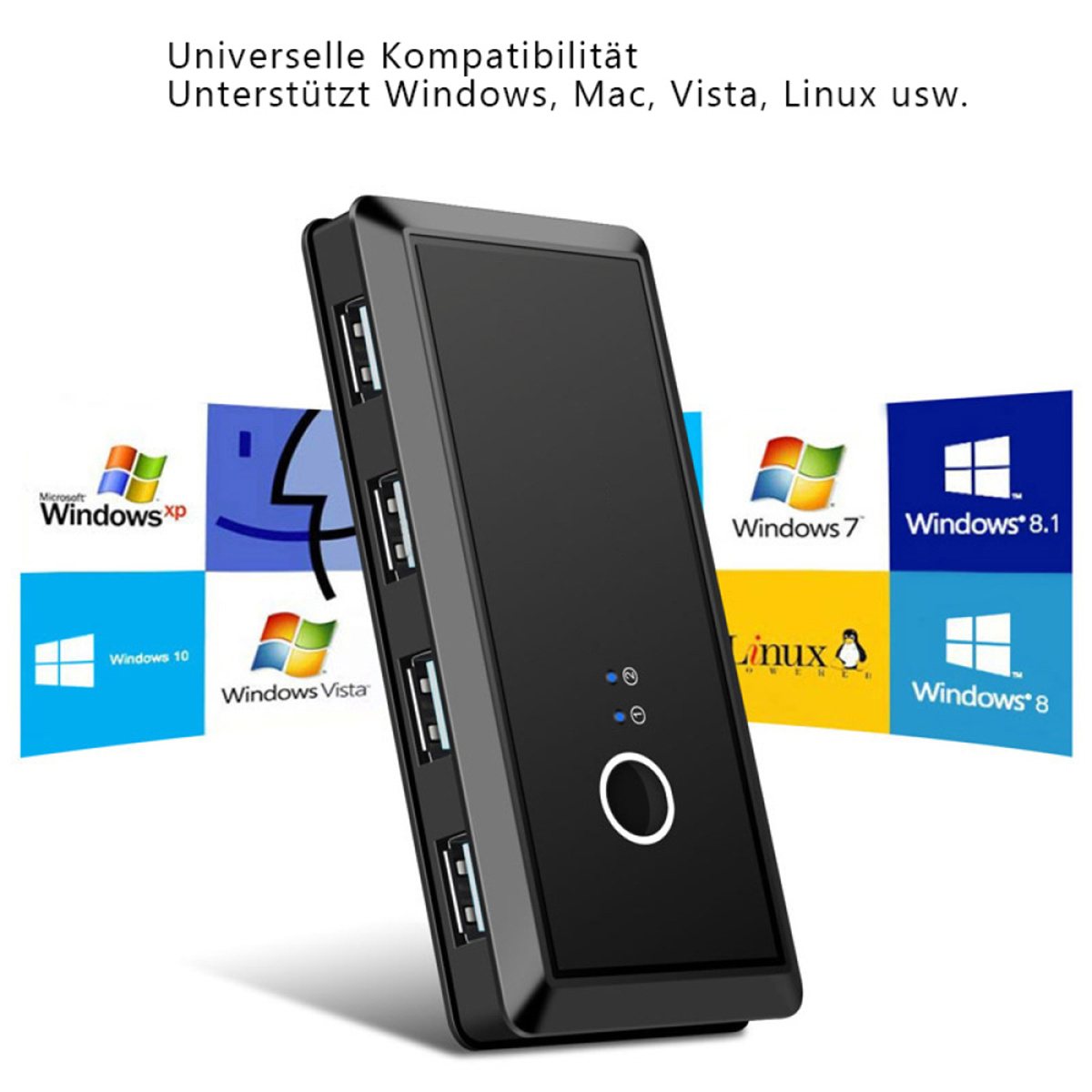 Schwarzer USB-Hub mit 7 Anschlüssen. Windows-, Mac-, Vista- und Linux-Logos im Hintergrund. Weißer Hintergrund.