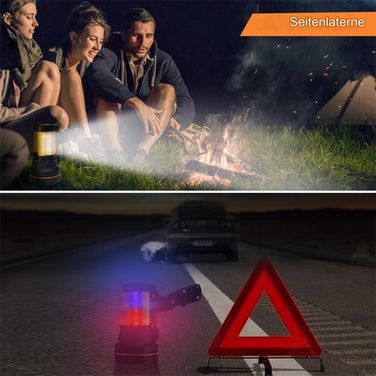 Zwei Szenen, Camping mit Feuer und Menschen, und ein Autounfall mit Warnleuchten und Warndreieck.