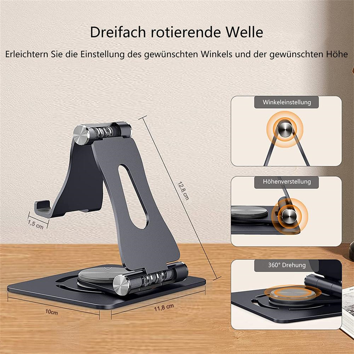 Ein grauer, faltbarer Telefonständer auf einer Holzoberfläche mit Produktdetails.