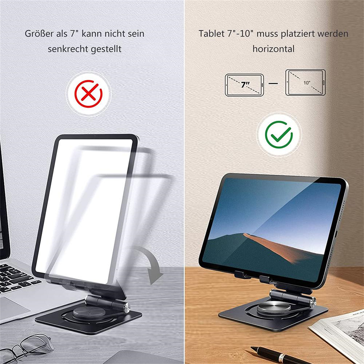Ein Tablet in einem Ständer mit Anweisungen und ein Tablet in horizontaler Position.