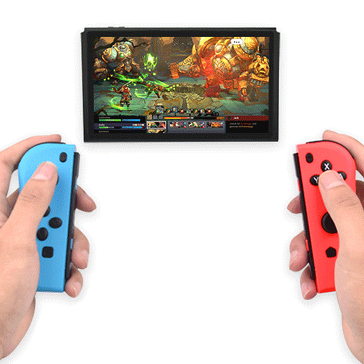 Hände halten blaue und rote Switch-Controller. Ein Bildschirm zeigt Videospiel mit Kämpfern.