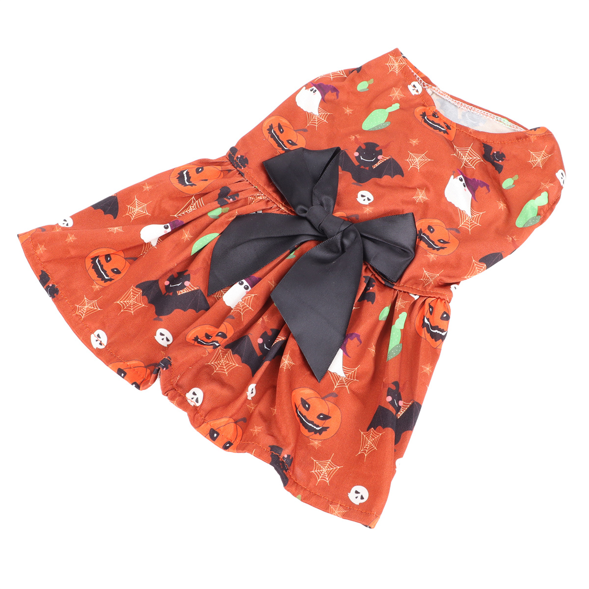 Halloween-Hundekleid mit Kürbissen, Fledermäusen und Schleife.