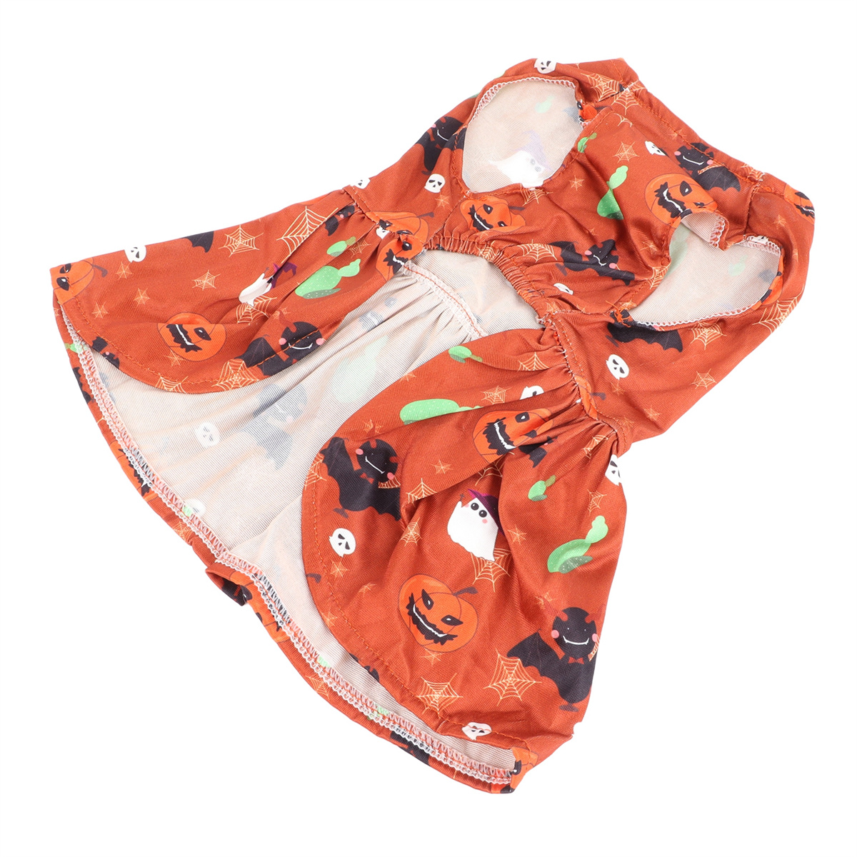 Oranges Halloween-Hunde Kleid mit Kürbis-, Fledermaus- und Geistermustern.