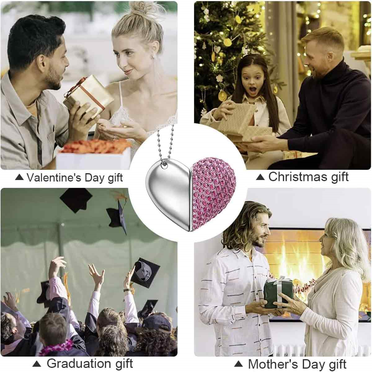 Vier Bilder zeigen Geschenk-Anlässe: Valentinstag, Weihnachten, Abschlussfeier und Muttertag.
