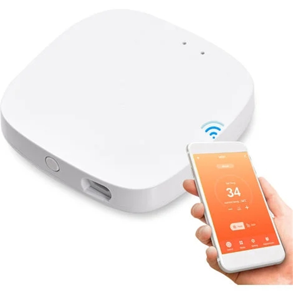 Weißes Smart-Home-Gerät und eine Hand, die ein Telefon mit einer Temperatur von 34 Grad hält.