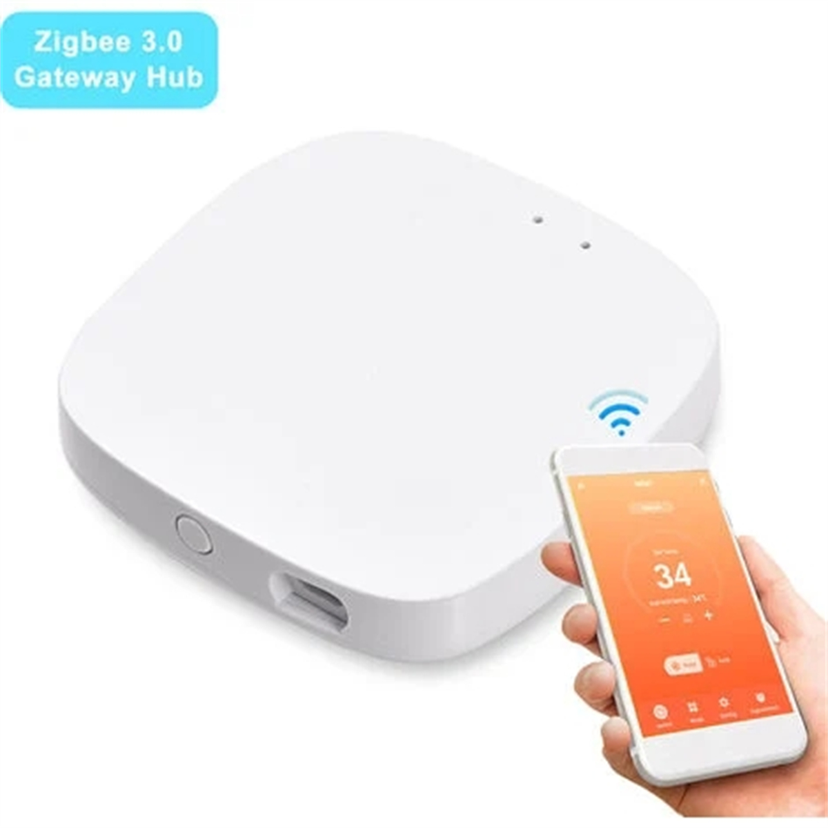 Ein weißer Zigbee 3.0 Gateway-Hub mit einem Telefon, das die Temperatur anzeigt.
