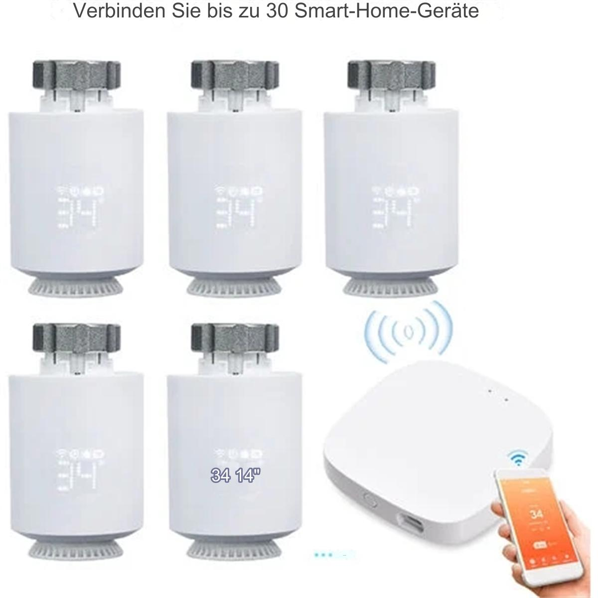 Weiße Smart-Home-Thermostate mit Display, zusammen mit einer Smart-Home-Steuerzentrale und einem Telefon.