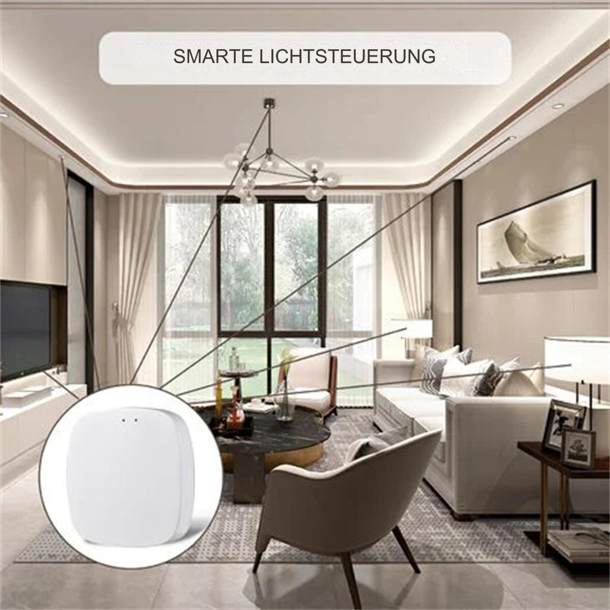 Modernes Wohnzimmer mit intelligenter Lichtsteuerung. Im Vordergrund ist ein weißes Gerät zu sehen, im Hintergrund ein Wohnzimmer.