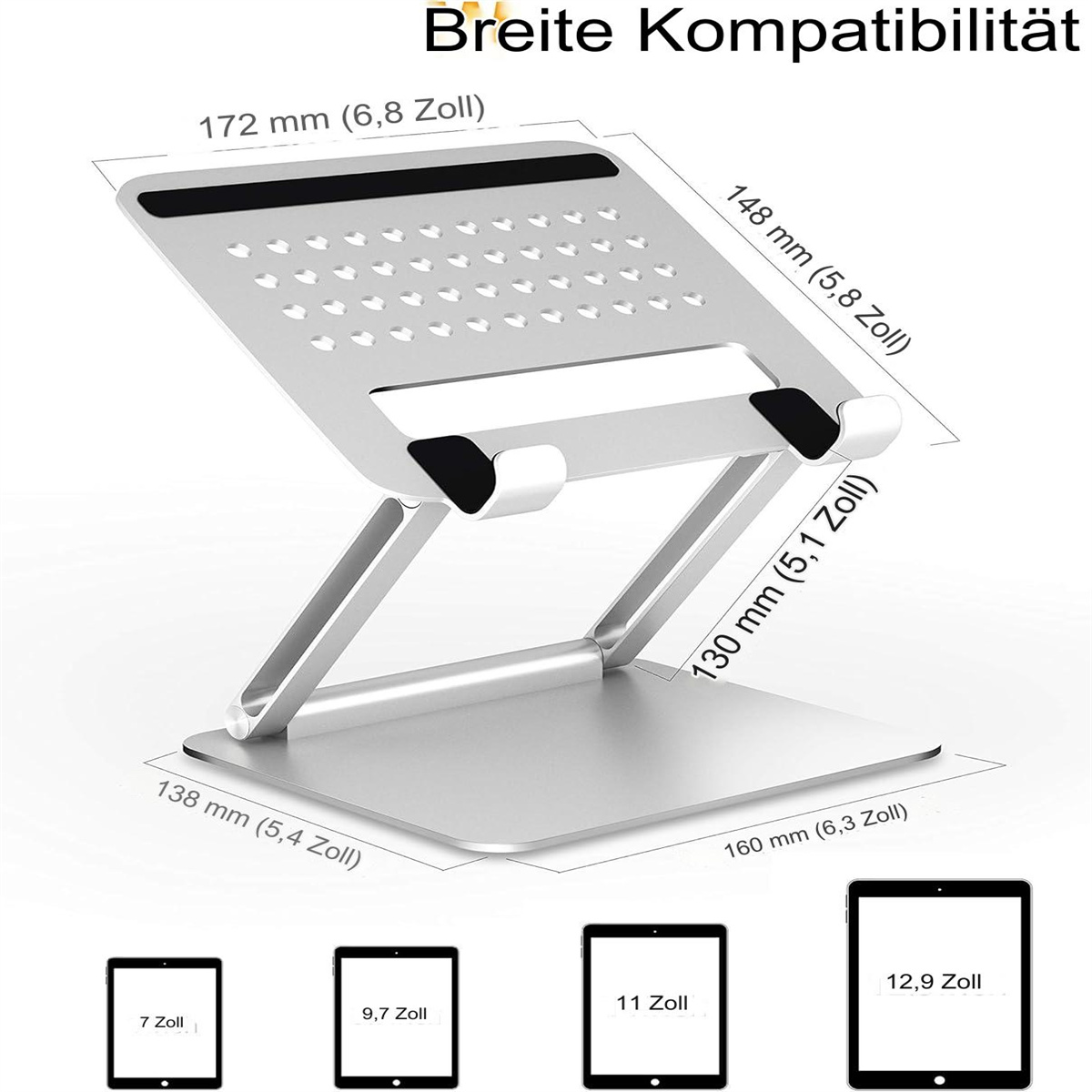 Silberner Laptop-Ständer mit Maßangaben. Enthält eine Basis und einen Halter für Laptops.