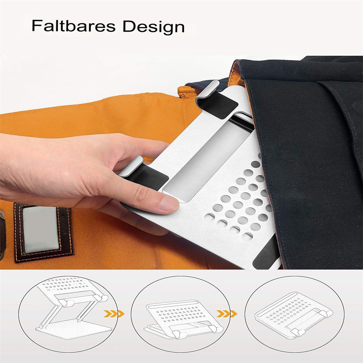 Eine Hand faltet einen silbernen Laptop-Ständer zu einer kleineren Form zusammen, mit Diagrammen.