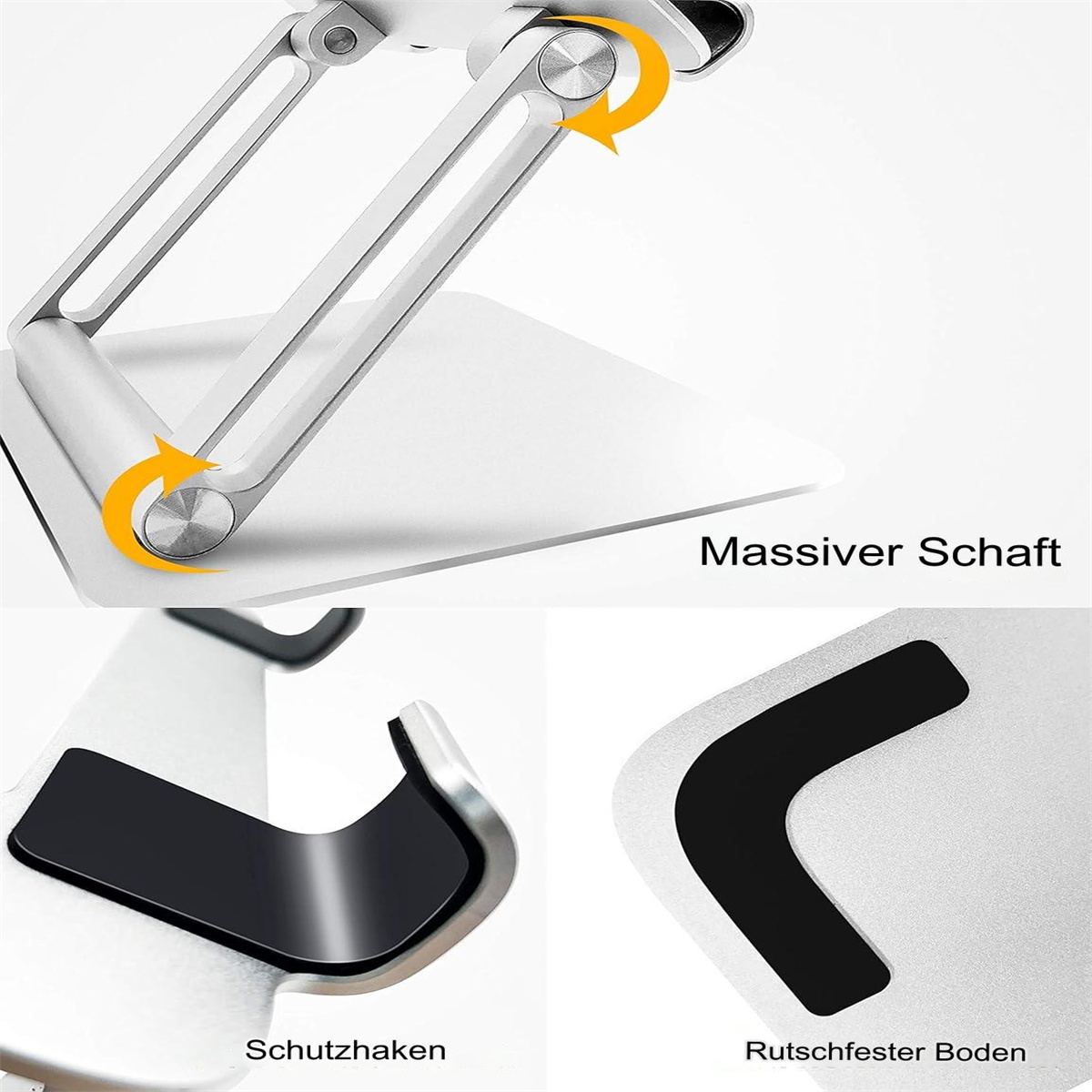 Silberner Laptop-Ständer mit verstellbaren Armen und weißer Basis. Nahaufnahmen der Ständerfunktionen.