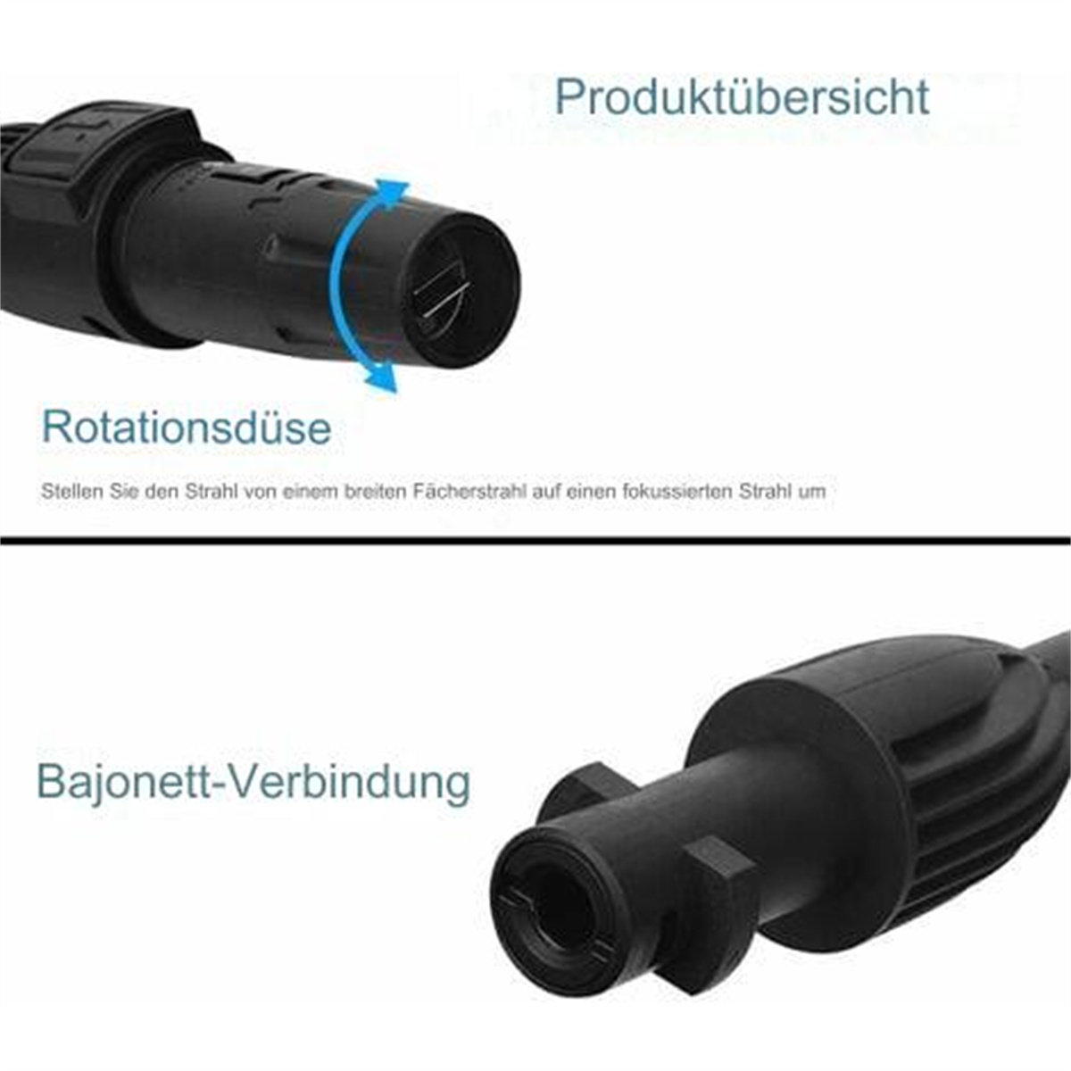 Nahaufnahme von Hochdruckreiniger-Komponenten, Rotationsdüse und Bajonettanschluss. Zwei Teile sind gezeigt.