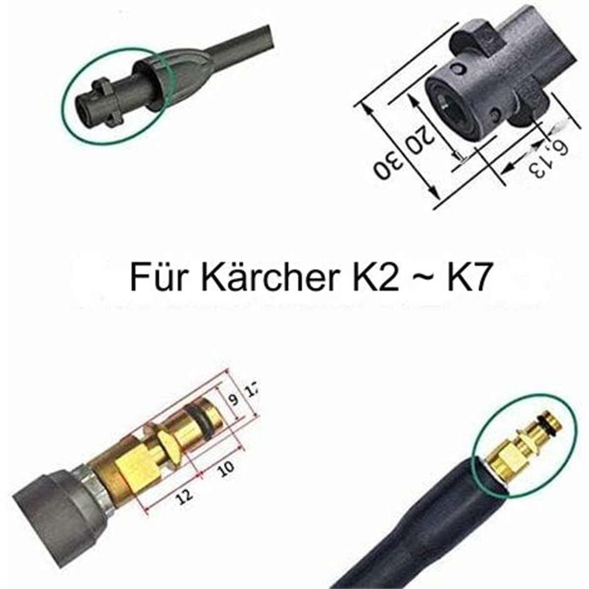 Nahaufnahmen von Kärcher K2-K7 kompatiblen Teilen, mit Maßen in mm.
