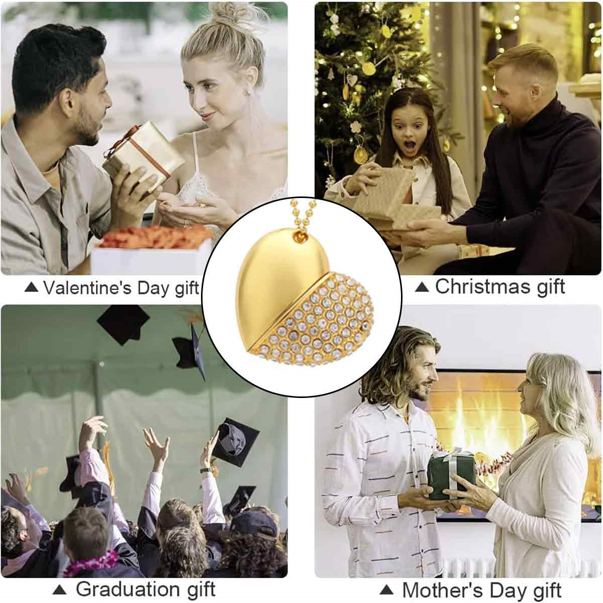 Collage von Geschenken zum Valentinstag, Weihnachten, Abschluss und Muttertag.