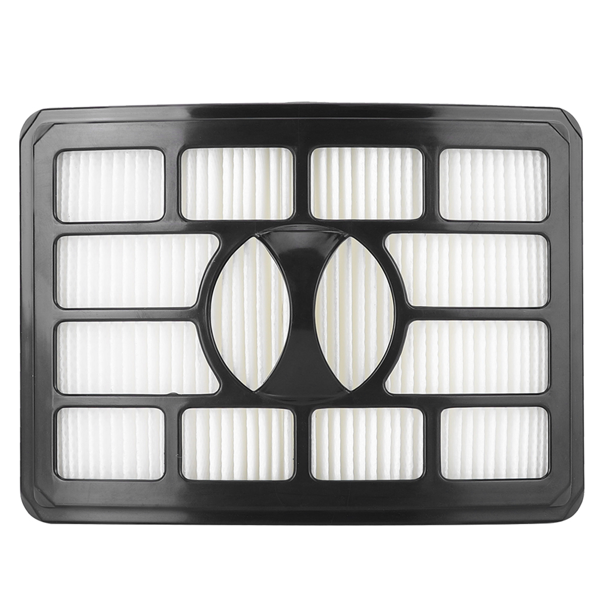 Ein schwarzer Staubsaugerfilter mit einem Rastermuster. Der Filter ist rechteckig.