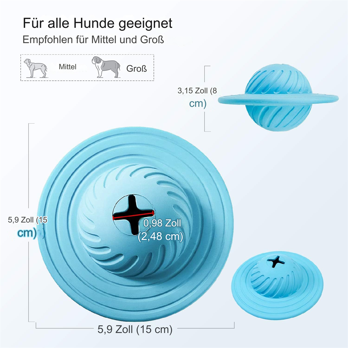 Ein Hundespielzeug in Form eines Planeten mit einem Ring. Es ist blau, mit Abmessungen in cm und Zoll.