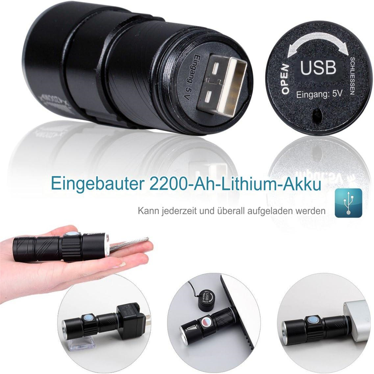 Schwarze Taschenlampe mit USB-Anschluss. Zusätzliche Komponenten sind in den Bildern gezeigt.