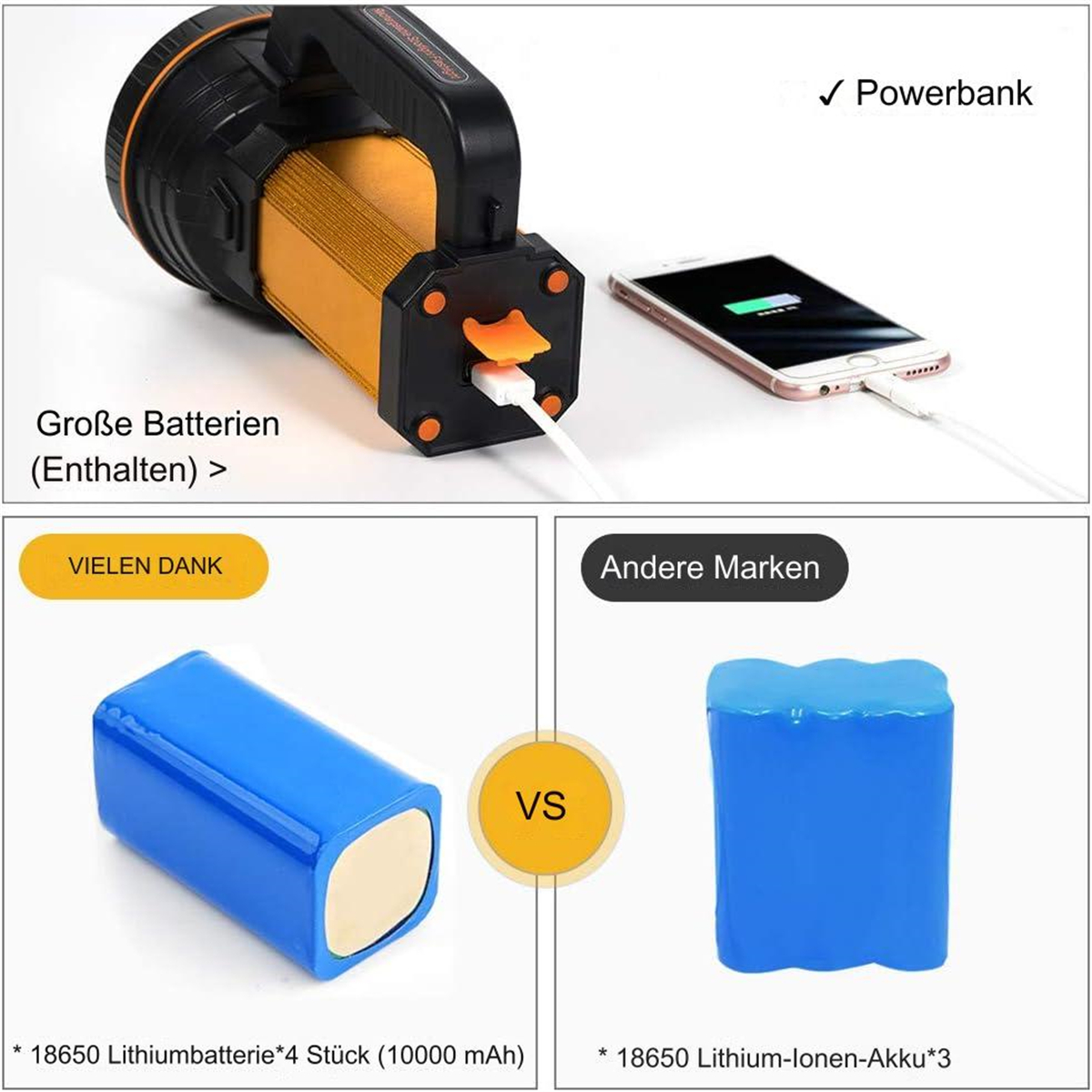 Bild zeigt eine Taschenlampe und Batterien, mit deutschem Text. Ein Telefon lädt neben der Taschenlampe.