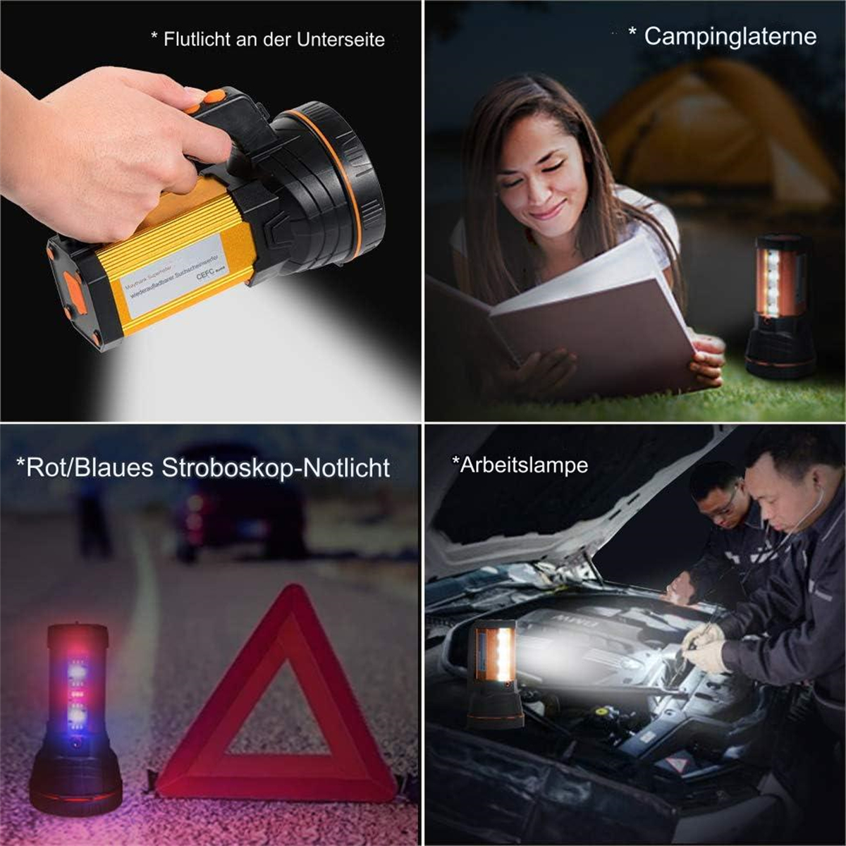 Collage: Taschenlampe, Camping, rot/blauer Stroboskopblitz, Arbeiter mit Licht.