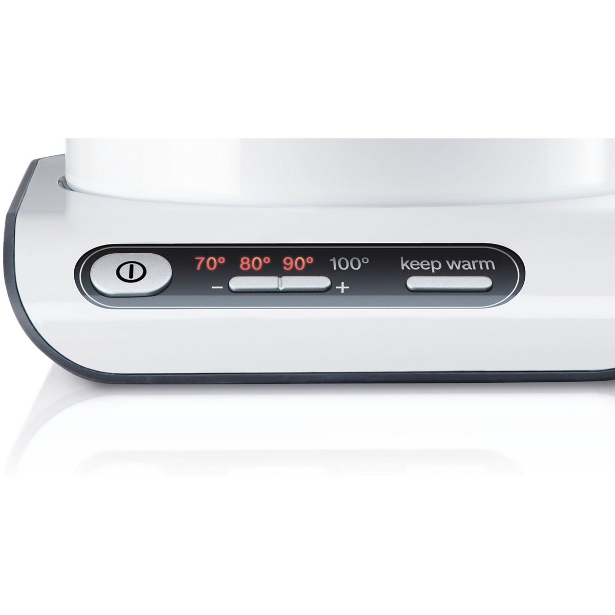 Cyfrowy panel sterowania. Przyciski: zasilanie, 70° do 100°, podtrzymanie ciepła.