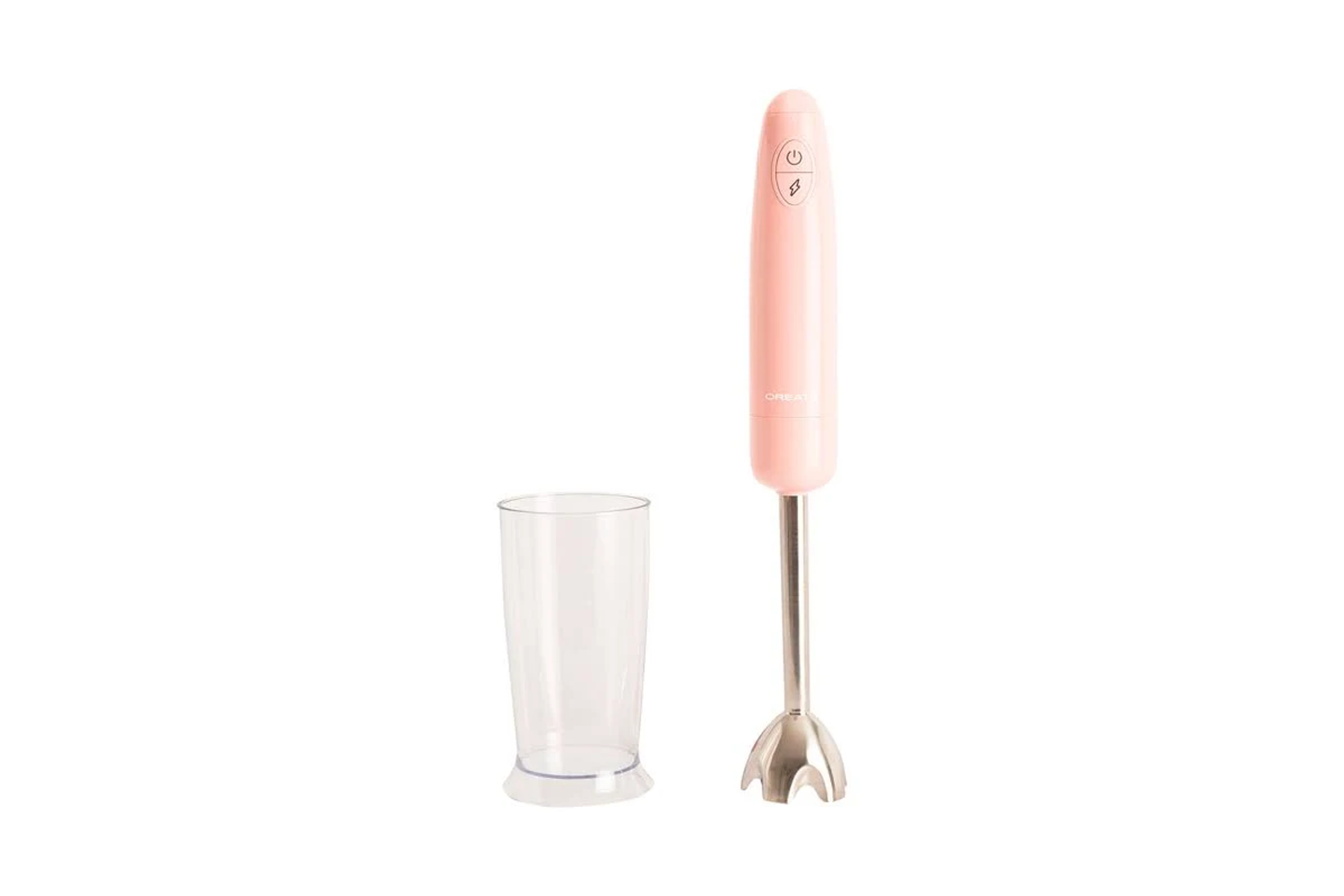 Batidora de mano rosa. Con vaso de plástico transparente. Aislada en blanco.
