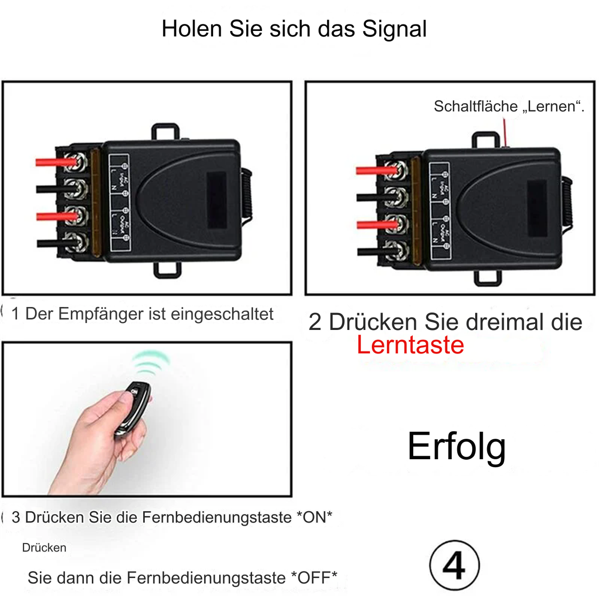 Diagramm mit Schritten zur Bedienung eines Geräts mit Fernbedienung. Text auf Deutsch beschreibt den Vorgang.