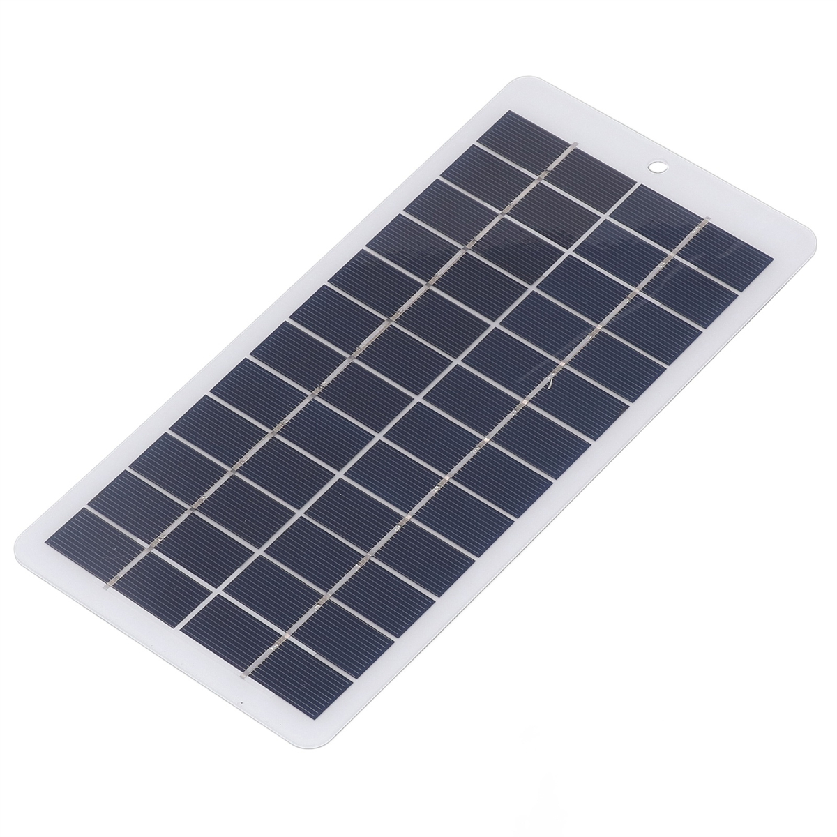 Ein rechteckiges Solarpanel mit weißem Rahmen und dunkelblauem Gittermuster.
