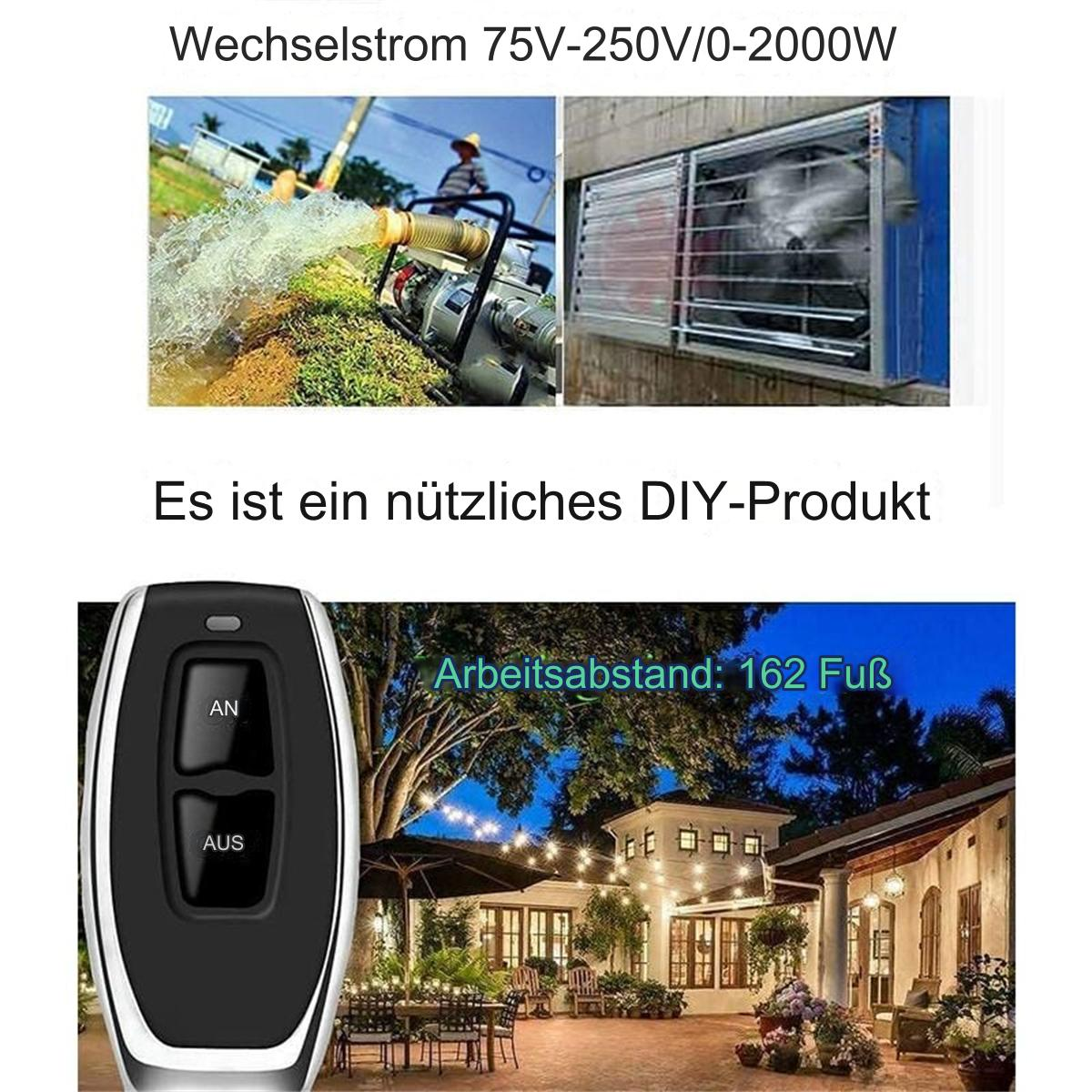 Bilder von Wasserpumpen, einer Fernbedienung und einer beleuchteten Terrasse. Text ist auf Deutsch, Maße in Fuß.