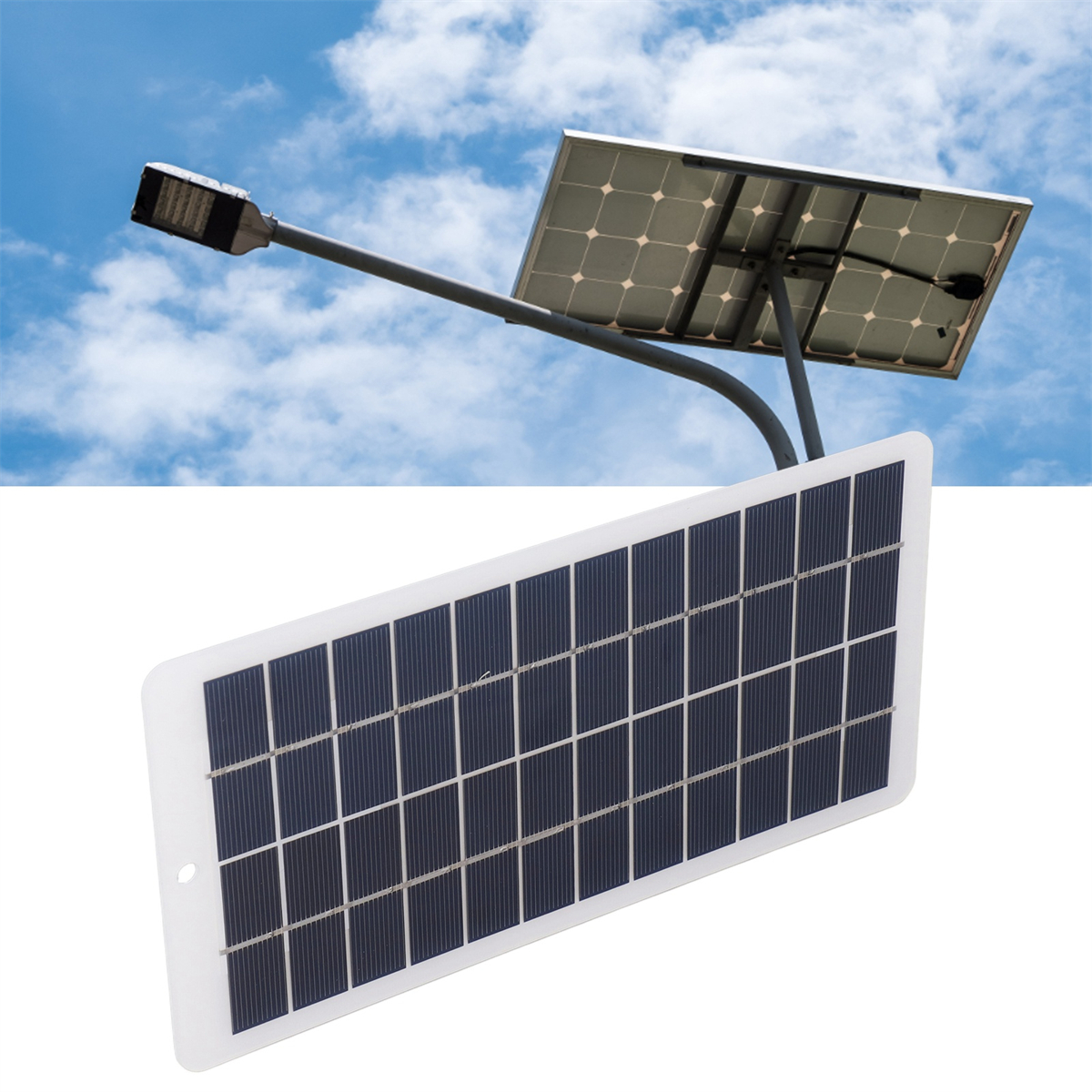 Solarbetriebene Straßenlaterne mit blauem Himmel und Wolken im Hintergrund.
